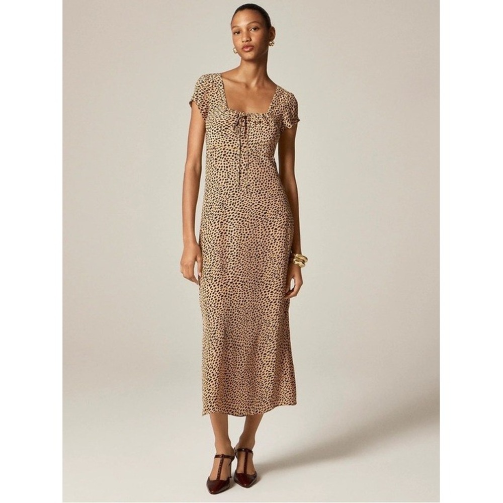 J.Crew Midi Dress Womens 0 Tan Black Animal Print Tie Front Cap Sleeve